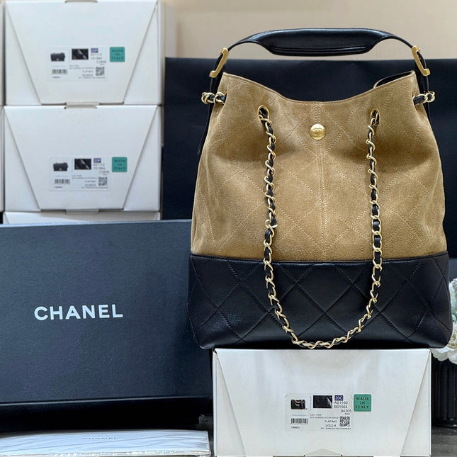 CHANEL 25S SHOPPING BAG 33 IN BROWN AND BLACK SUEDE CALFSKIN