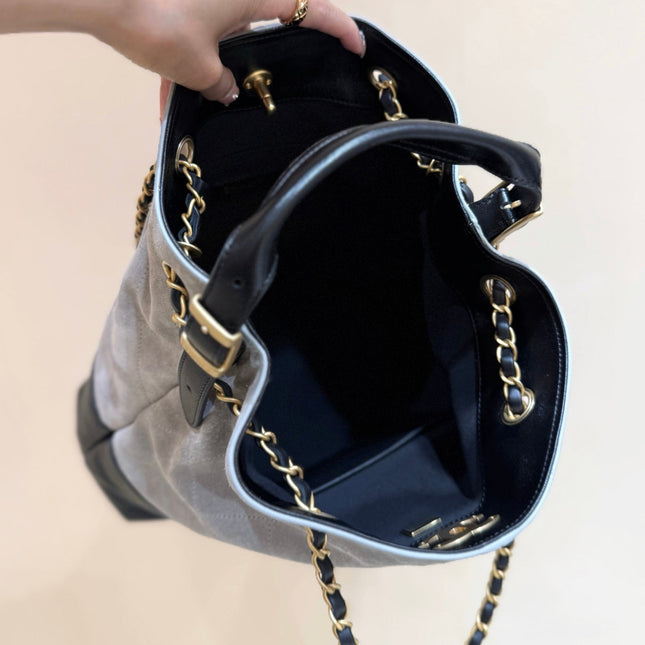 CHANEL 25S SHOPPING BAG 33 IN GREY AND BLACK SUEDE CALFSKIN