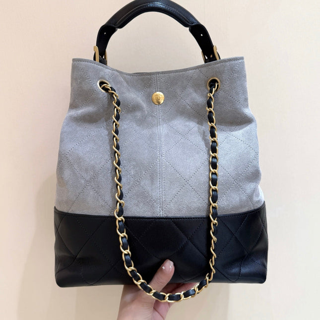 CHANEL 25S SHOPPING BAG 33 IN GREY AND BLACK SUEDE CALFSKIN