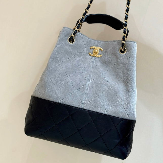 CHANEL 25S SHOPPING BAG 33 IN GREY AND BLACK SUEDE CALFSKIN