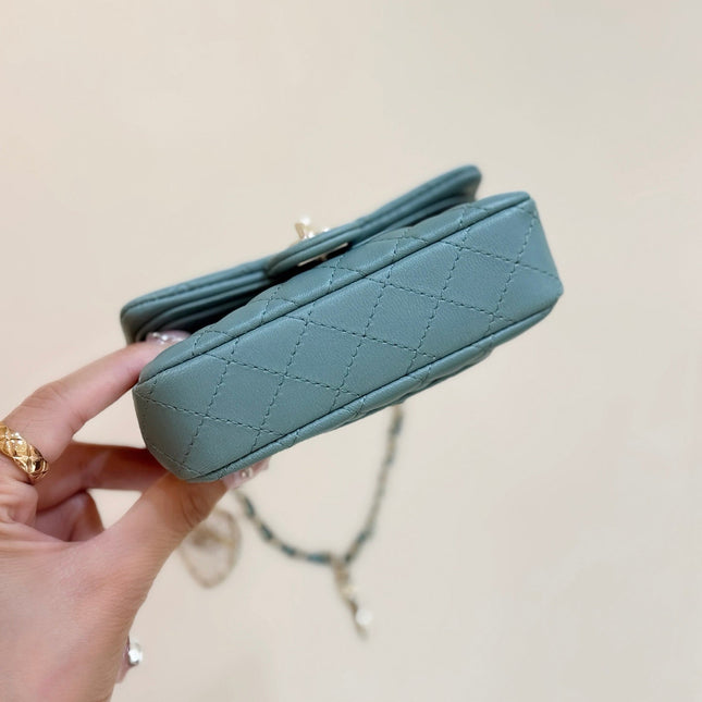 25S CHANEL MINI CF BAG 12 IN MUTED TEAL LAMBSKIN HEART MODEL