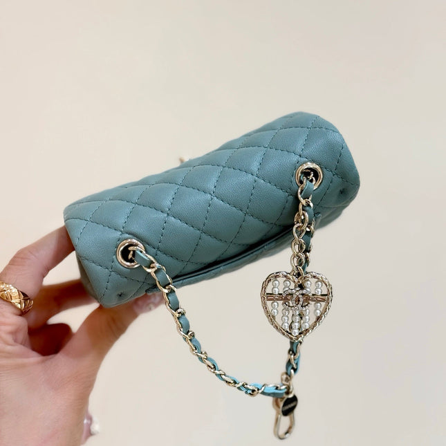 25S CHANEL MINI CF BAG 12 IN MUTED TEAL LAMBSKIN HEART MODEL