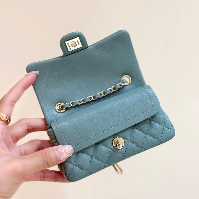 25S CHANEL MINI CF BAG 12 IN MUTED TEAL LAMBSKIN HEART MODEL