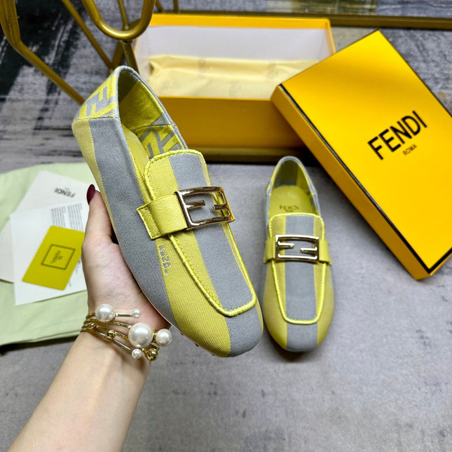 FENDI BAGUETTE LOAFERS IN GREY MIX LEMON YELLOW CANVAS GOLD HARDWARE