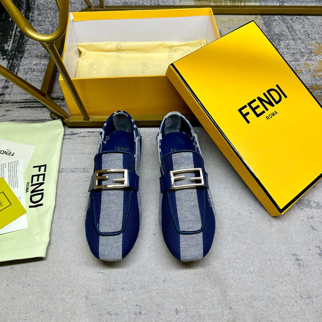 FENDI BAGUETTE LOAFERS IN AZURE BLUE CANVAS GOLD HARDWARE