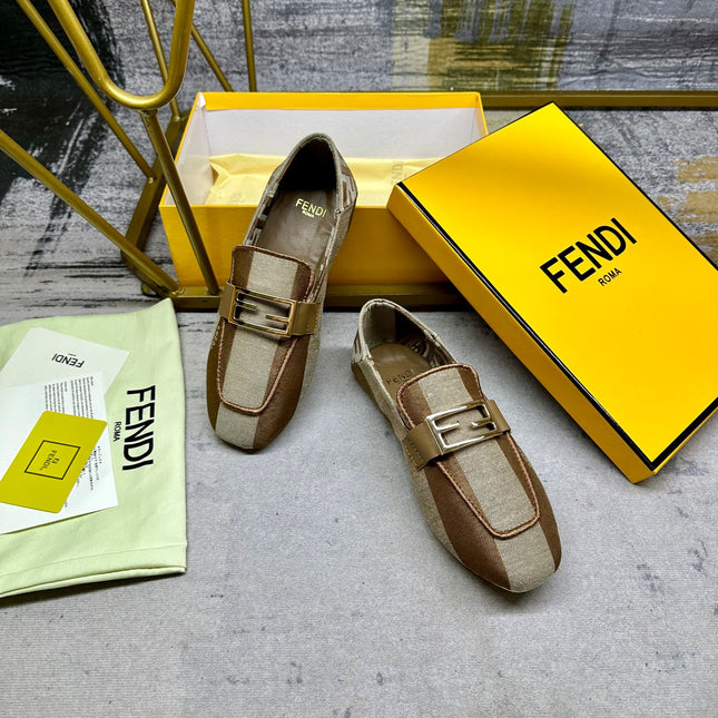 FENDI BAGUETTE LOAFERS IN BEIGE MIX BROWN CANVAS GOLD HARDWARE