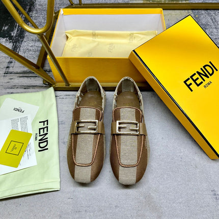 FENDI BAGUETTE LOAFERS IN BEIGE MIX BROWN CANVAS GOLD HARDWARE