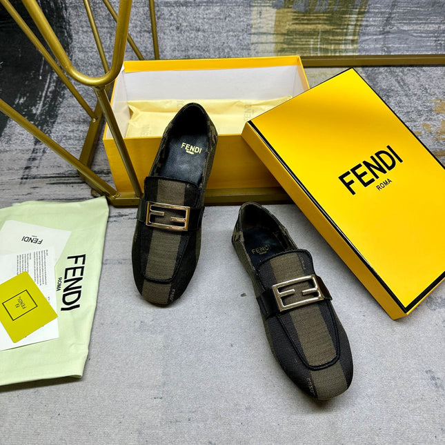 FENDI BAGUETTE LOAFERS IN OLIVE GREEN MIX BLACK CANVAS GOLD HARDWARE