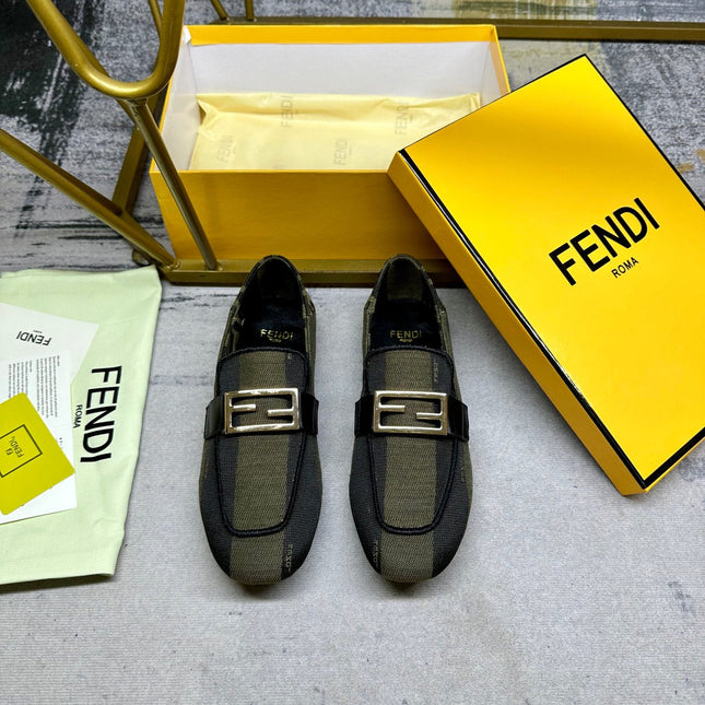 FENDI BAGUETTE LOAFERS IN OLIVE GREEN MIX BLACK CANVAS GOLD HARDWARE