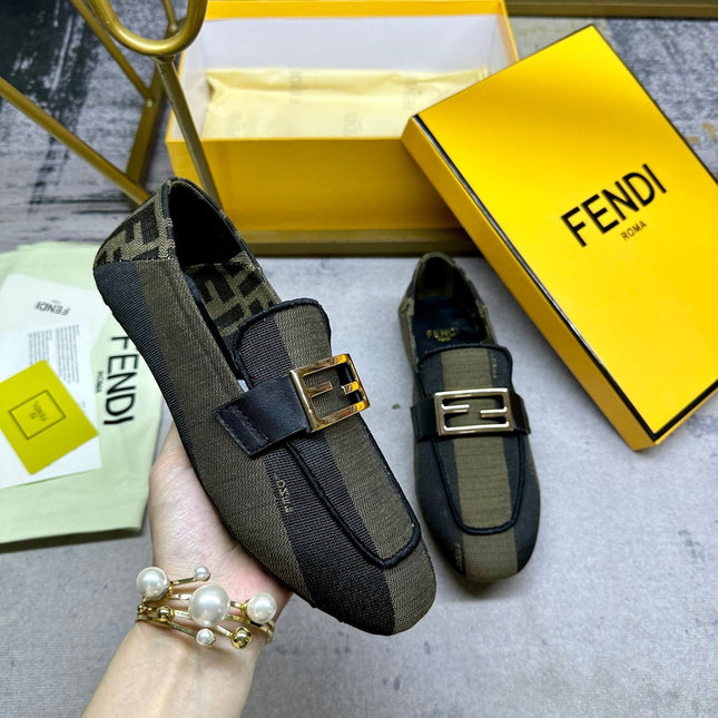 FENDI BAGUETTE LOAFERS IN OLIVE GREEN MIX BLACK CANVAS GOLD HARDWARE