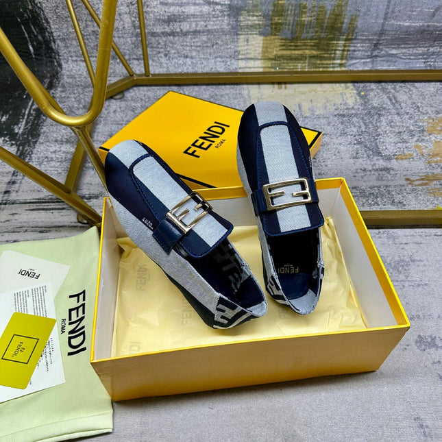 FENDI BAGUETTE LOAFERS IN NAVY BLUE MIX WHITE CANVAS GOLD HARDWARE