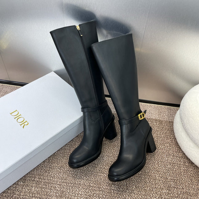 DIOR 25S MONTAIGNE TALL BOOTS 70MM IN BLACK CALFSKIN