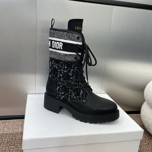DIOR 25S D-MAJOR ANKLE BOOT 45MM IN BLACK AND WHITE CANNAGE TWEED AND BLACK CALFSKIN