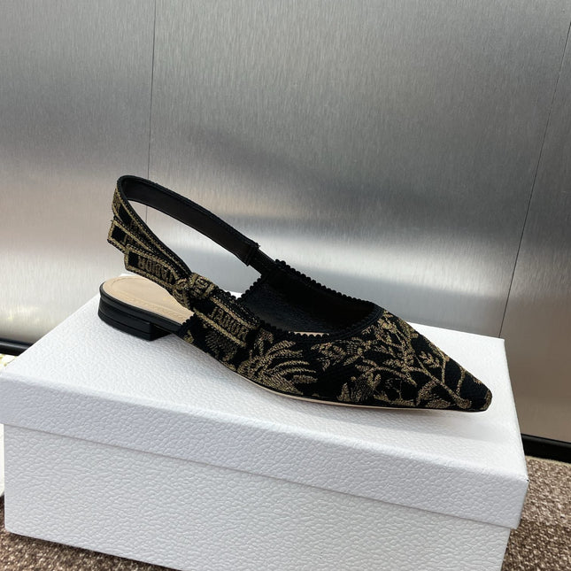 J'ADIOR SLINGBACK PUMP BLACK AND GOLD-TONE MILLEFIORI JACQUARD
