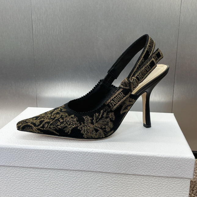 J'ADIOR HIGH SLINGBACK PUMP BLACK AND GOLD-TONE MILLEFIORI JACQUARD 95 MM