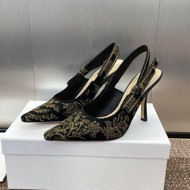 J'ADIOR HIGH SLINGBACK PUMP BLACK AND GOLD-TONE MILLEFIORI JACQUARD 95 MM