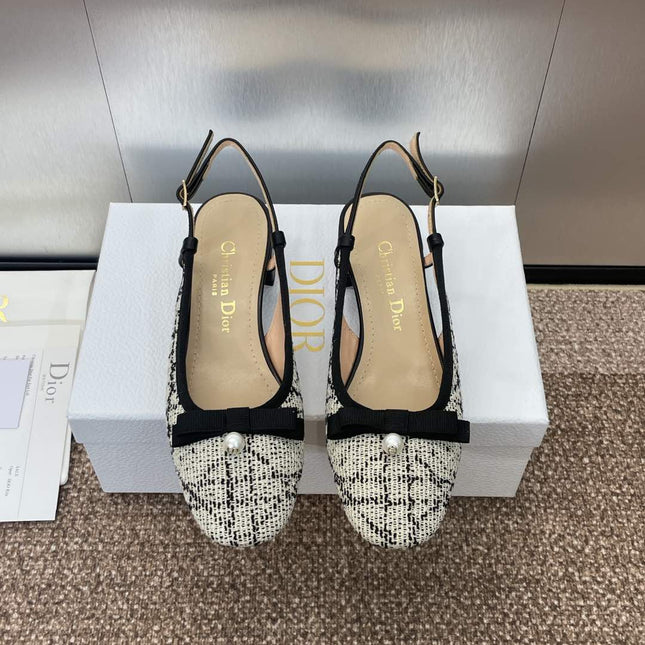SLINGBACK PUMP IN WHITE MIX BLACK EMBROIDERED CANNAGE TWEED 35 MM