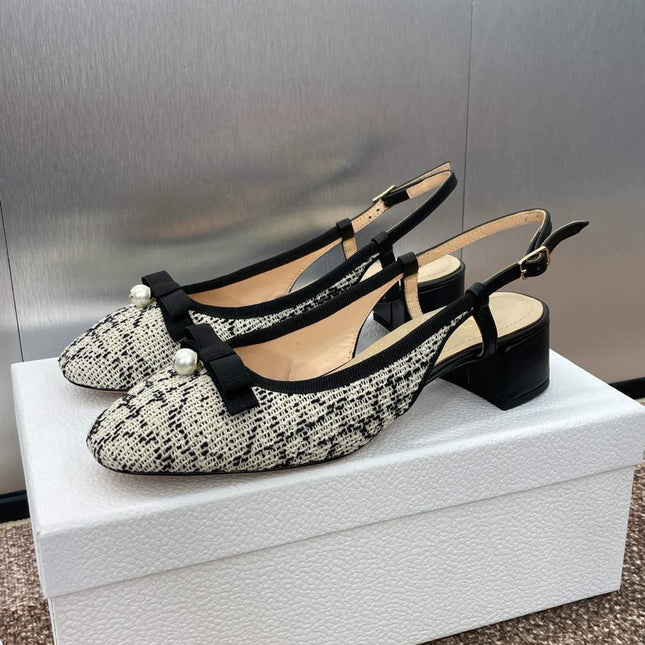SLINGBACK PUMP IN WHITE MIX BLACK EMBROIDERED CANNAGE TWEED 35 MM