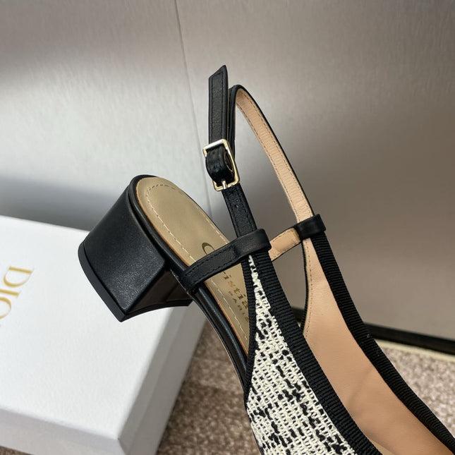 SLINGBACK PUMP IN WHITE MIX BLACK EMBROIDERED CANNAGE TWEED 35 MM