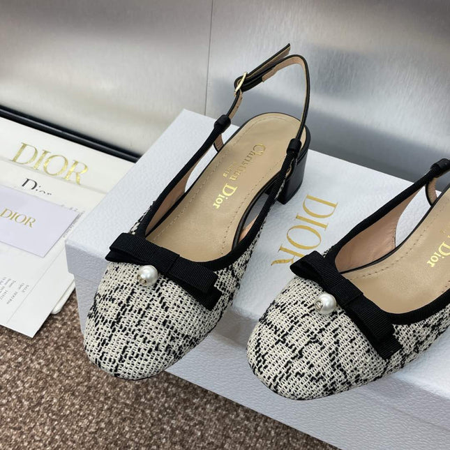 SLINGBACK PUMP IN WHITE MIX BLACK EMBROIDERED CANNAGE TWEED 35 MM