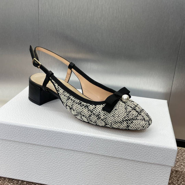 SLINGBACK PUMP IN WHITE MIX BLACK EMBROIDERED CANNAGE TWEED 35 MM