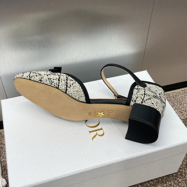 BALLET SLINGBACK PUMP IN WHITE MIX BLACK EMBROIDERED CANNAGE TWEED 35 MM