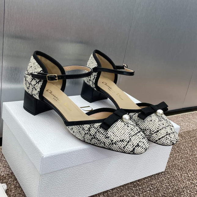 BALLET SLINGBACK PUMP IN WHITE MIX BLACK EMBROIDERED CANNAGE TWEED 35 MM