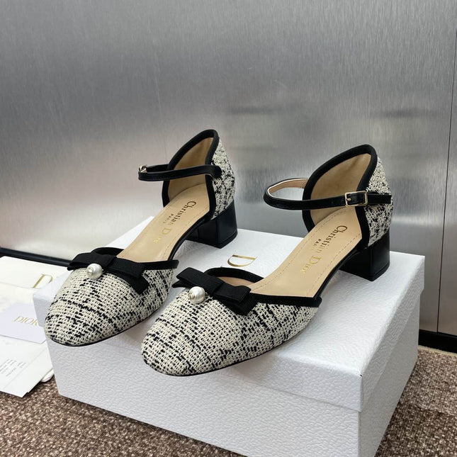 BALLET SLINGBACK PUMP IN WHITE MIX BLACK EMBROIDERED CANNAGE TWEED 35 MM