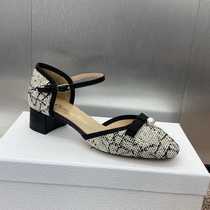 BALLET SLINGBACK PUMP IN WHITE MIX BLACK EMBROIDERED CANNAGE TWEED 35 MM