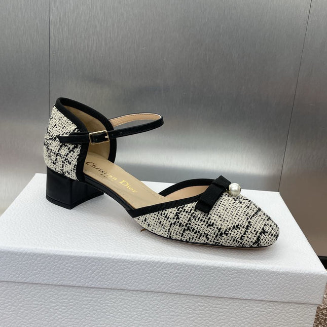 BALLET SLINGBACK PUMP IN WHITE MIX BLACK EMBROIDERED CANNAGE TWEED 35 MM