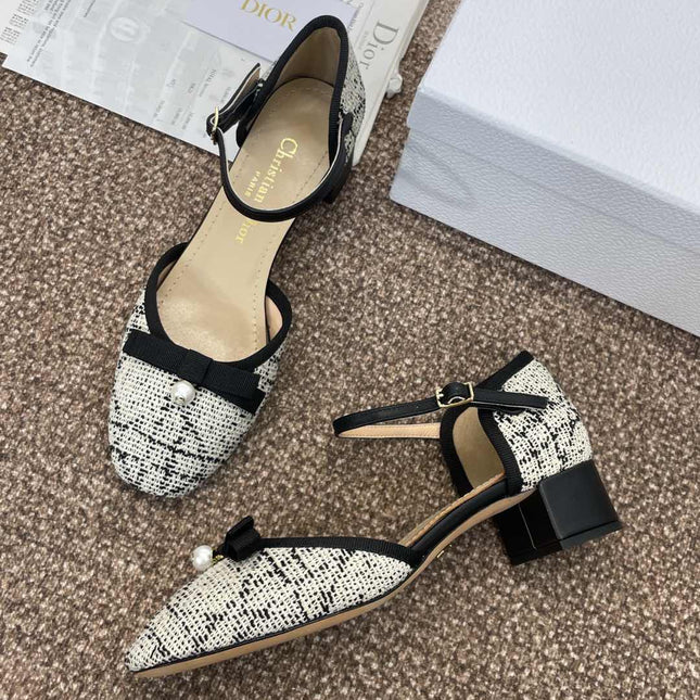BALLET SLINGBACK PUMP IN WHITE MIX BLACK EMBROIDERED CANNAGE TWEED 35 MM