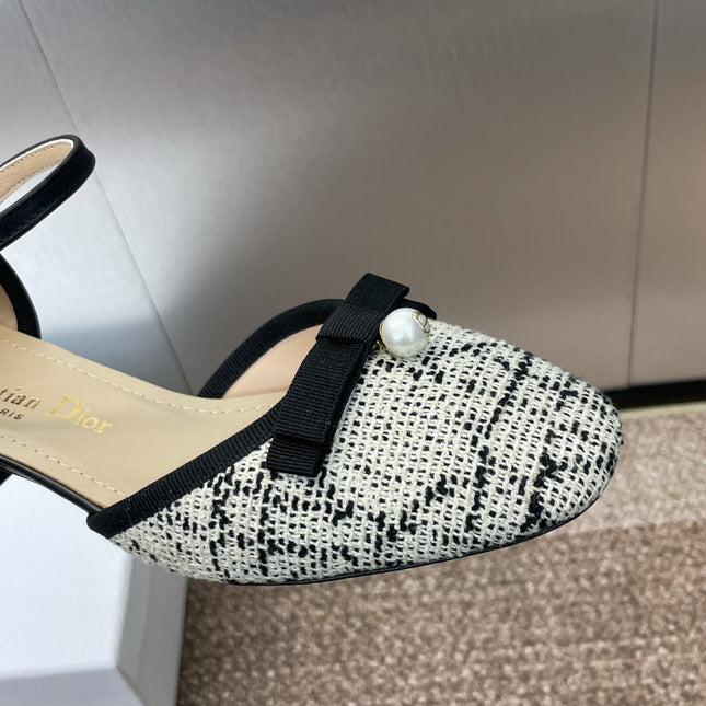 BALLET SLINGBACK PUMP IN WHITE MIX BLACK EMBROIDERED CANNAGE TWEED 35 MM