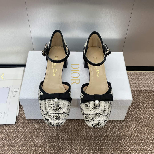 BALLET SLINGBACK PUMP IN WHITE MIX BLACK EMBROIDERED CANNAGE TWEED 35 MM