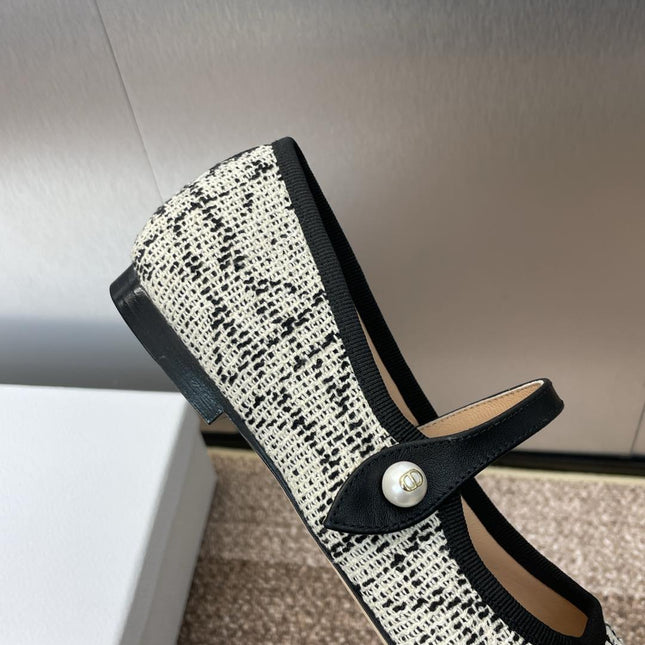 D-RAMOUR BALLET FLATS IN WHITE MIX BLACK EMBROIDERED CANNAGE TWEED
