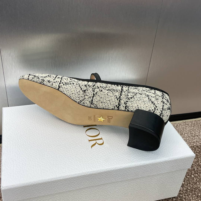 D-RAMOUR BALLET FLATS IN WHITE MIX BLACK EMBROIDERED CANNAGE TWEED 35 MM