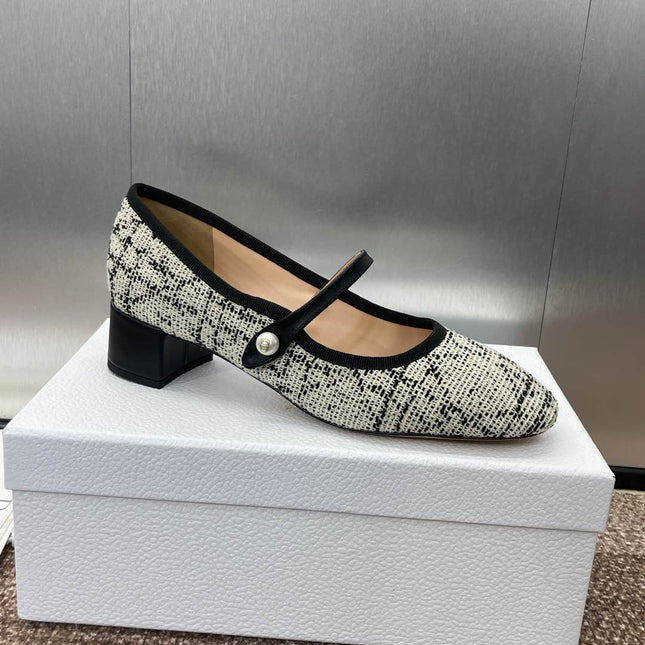 D-RAMOUR BALLET FLATS IN WHITE MIX BLACK EMBROIDERED CANNAGE TWEED 35 MM