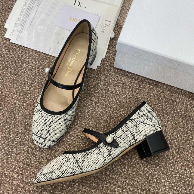 D-RAMOUR BALLET FLATS IN WHITE MIX BLACK EMBROIDERED CANNAGE TWEED 35 MM