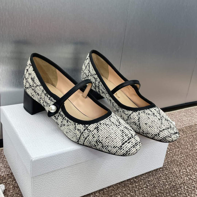D-RAMOUR BALLET FLATS IN WHITE MIX BLACK EMBROIDERED CANNAGE TWEED 35 MM