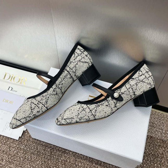D-RAMOUR BALLET FLATS IN WHITE MIX BLACK EMBROIDERED CANNAGE TWEED 35 MM