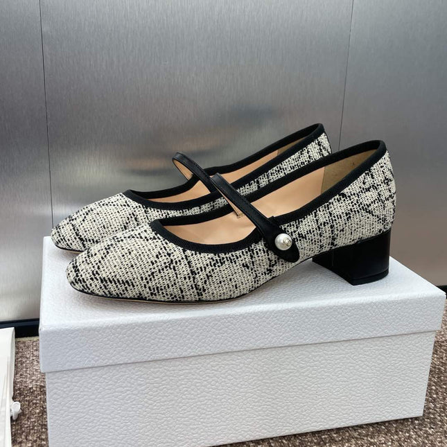 D-RAMOUR BALLET FLATS IN WHITE MIX BLACK EMBROIDERED CANNAGE TWEED 35 MM