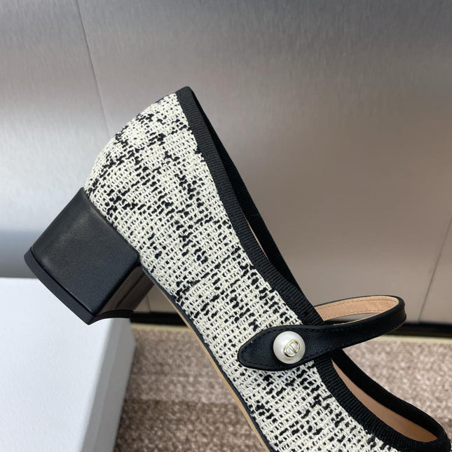 D-RAMOUR BALLET FLATS IN WHITE MIX BLACK EMBROIDERED CANNAGE TWEED 35 MM