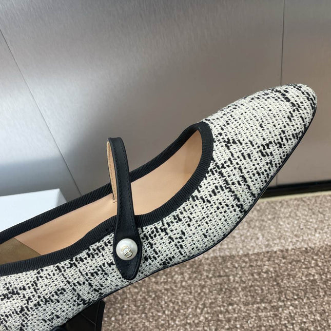 D-RAMOUR BALLET FLATS IN WHITE MIX BLACK EMBROIDERED CANNAGE TWEED 35 MM