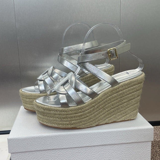 D-CLUB 25S HIGH HEEL WEDGE 100MM IN SILVER GLOSSY CALFSKIN RAFFIA SOLE