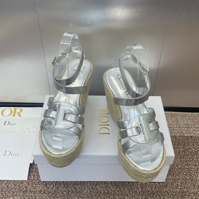 D-CLUB 25S HIGH HEEL WEDGE 100MM IN SILVER GLOSSY CALFSKIN RAFFIA SOLE