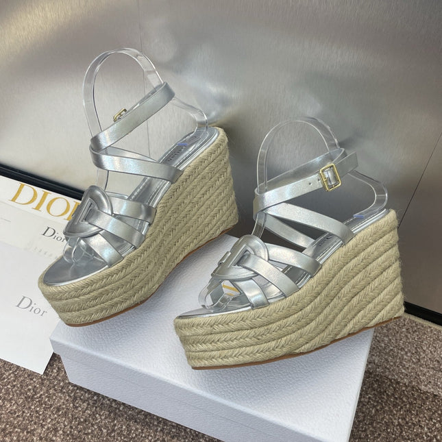 D-CLUB 25S HIGH HEEL WEDGE 100MM IN SILVER GLOSSY CALFSKIN RAFFIA SOLE