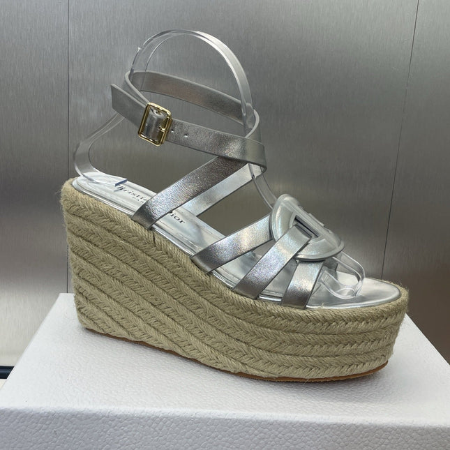 D-CLUB 25S HIGH HEEL WEDGE 100MM IN SILVER GLOSSY CALFSKIN RAFFIA SOLE