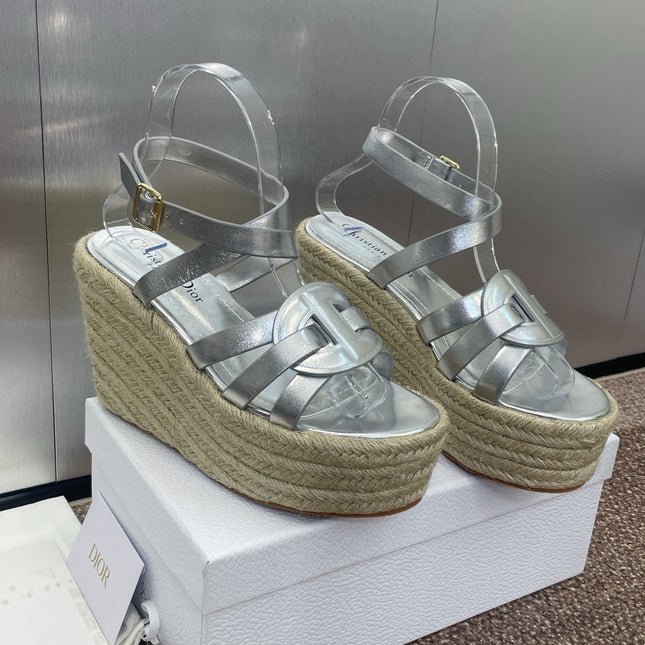 D-CLUB 25S HIGH HEEL WEDGE 100MM IN SILVER GLOSSY CALFSKIN RAFFIA SOLE