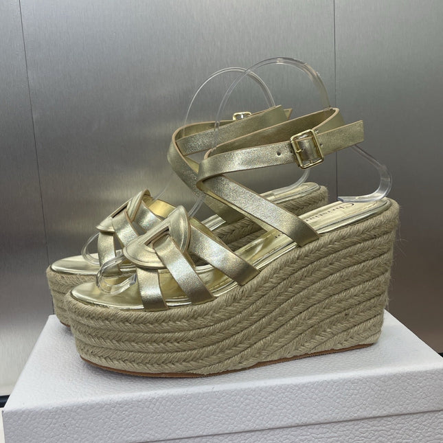 D-CLUB 25S HIGH HEEL WEDGE 100MM IN GOLD GLOSSY CALFSKIN RAFFIA SOLE