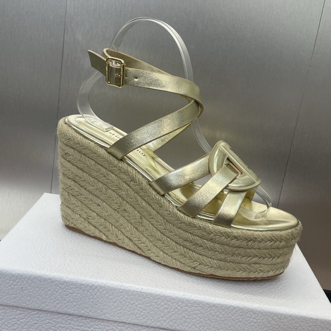 D-CLUB 25S HIGH HEEL WEDGE 100MM IN GOLD GLOSSY CALFSKIN RAFFIA SOLE