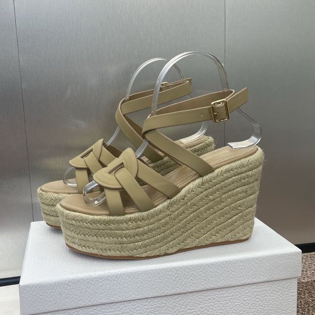 D-CLUB 25S HIGH HEEL WEDGE 100MM IN GOLDEN BEIGE CALFSKIN RAFFIA SOLE